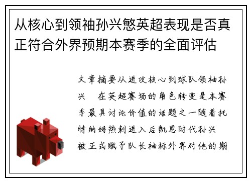 从核心到领袖孙兴慜英超表现是否真正符合外界预期本赛季的全面评估